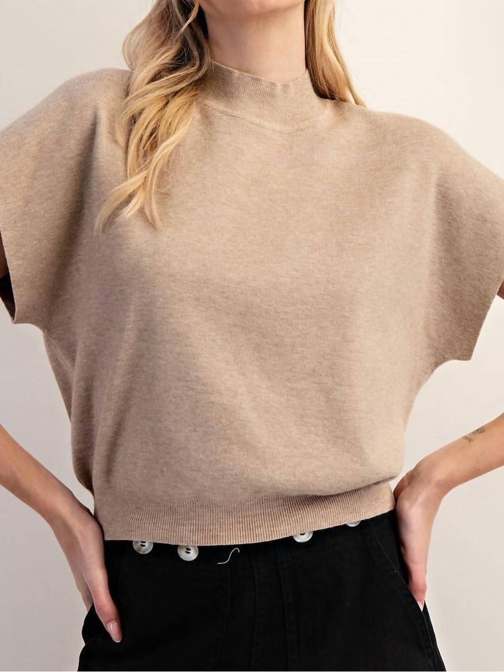 eesome Short-Sleeve / Sleeveless High Neck Sweater in Taupe